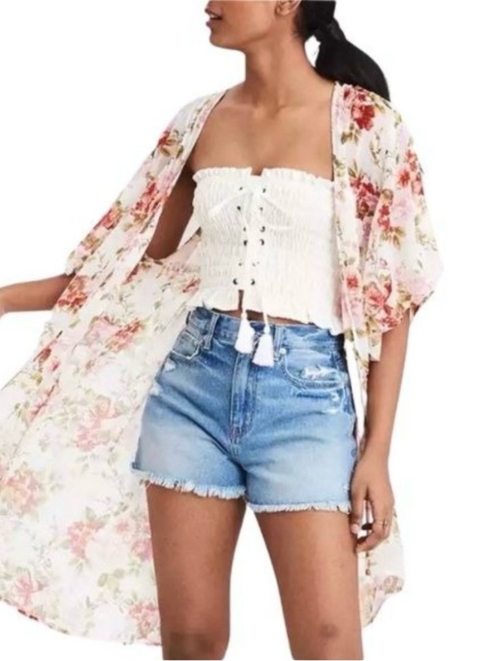 American Eagle XS-S open front short sleeve sheer floral kimono